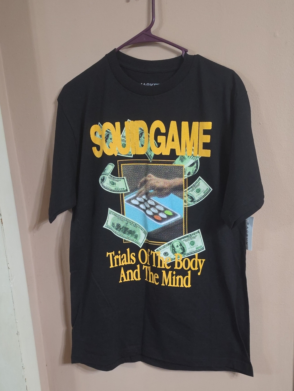 PacSun Black Tee with Yellow Squid Game Graphic